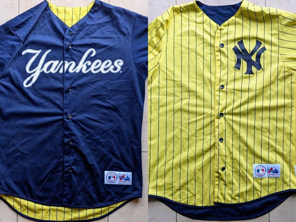 RARE New York Yankees Majestic DOUBLE Color jersey M navy Mustard Script MLB vtg